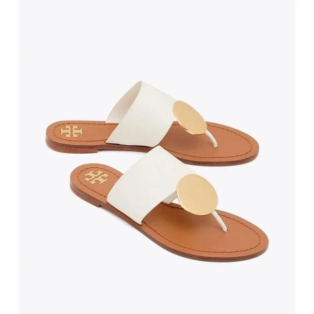 Tory Burch Patos Disk Thong Sandals White Gold Womens 9.5 - Picture 2 of 14